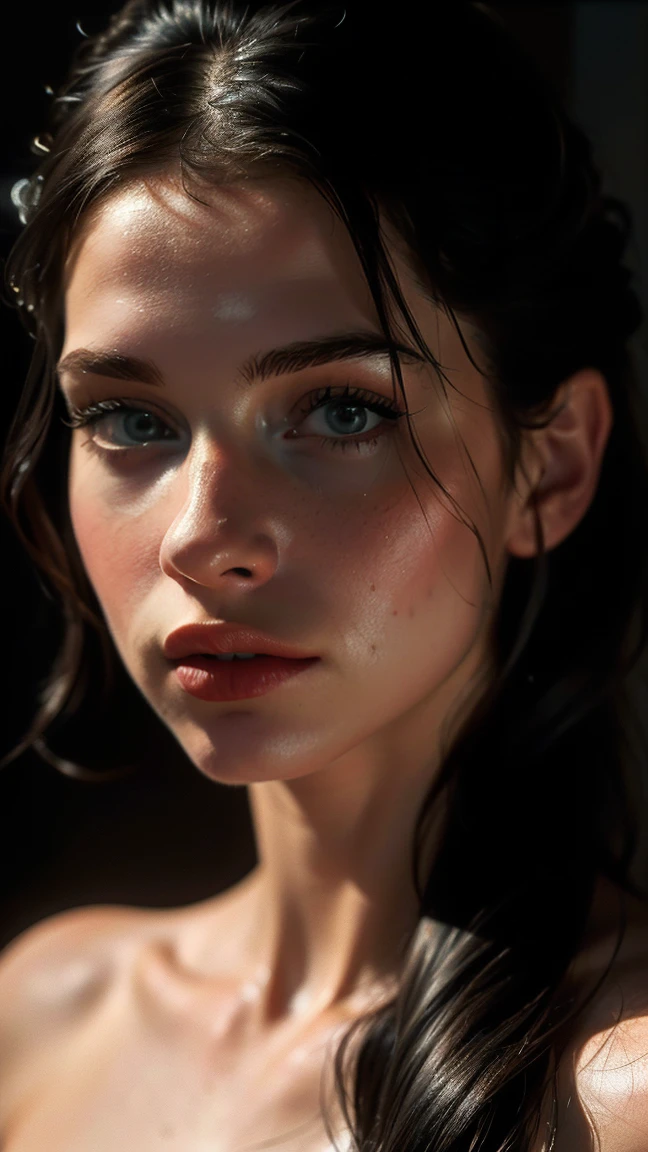 (((ultra realistic))) Photo, masterpiece, top quality, (Pale skin), (Ultra detailed face and eyes.:1.3), 1 girl, naked ((eye makeup)), ((big detailed lips)), ((dark wavy hair)), ((stylish hairstyle)) , (heavy breasts). ((Posing)), Photoshoot, (contour) Turning on, (The game of lights and shadows), depth of field, bokeh, (Special attention to leather details.: 1.2), detailed leather texture, skin pores. (Warm frame environment.. color combination - black, yellow, red, orange tones), DR, ((film grain)), good heavens, (Glare), ((Photo to the waist)) , ultra detialed,