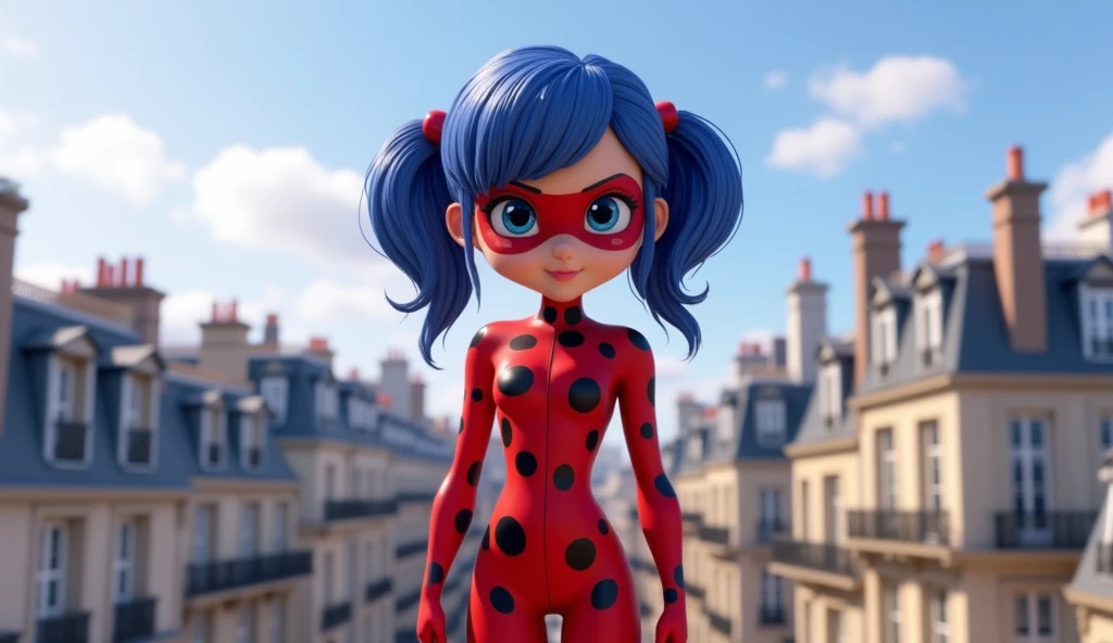 Ladybug (Marinette),19 years teenage girl,blue_hair_color, pigtails_hairstyle,blue_eyes,wearing her red and black-spotted superhero suit, stands alone, in paris city,The rooftops around her should be typical Parisian buildings,3d_animation,disney_inspiration,high quality,full body image