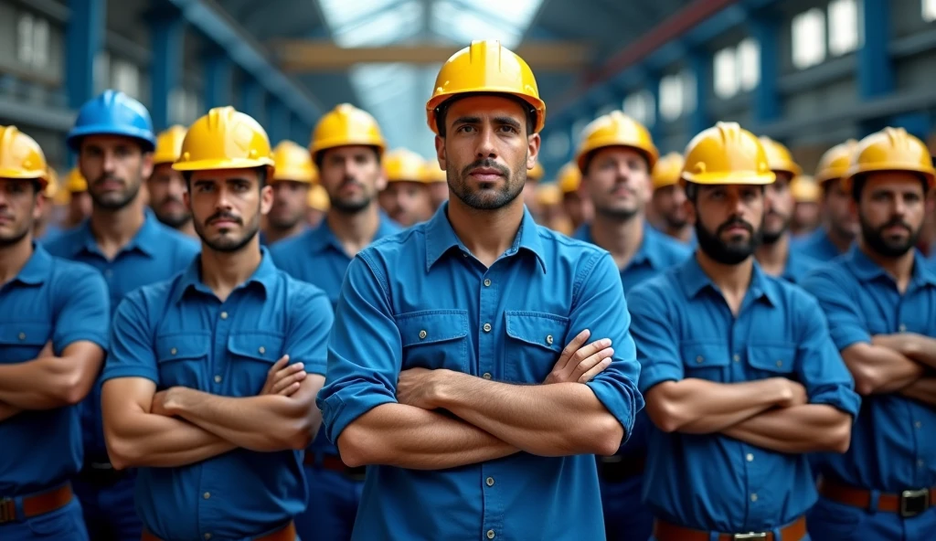 A demonstration of metalworkers in front of a modern factory, with large navy blue, and light blue, demanding more rights. The workers are united, mens and women, some with crossed arms, and the scene is filled with an atmosphere of determination and struggle. Banners phrase on the middle: "2024 Salary Campaign" in Portuguese, workers in blue uniforms, yellow safety helmets, facing the camera, with the factory in the background, brazilian people.