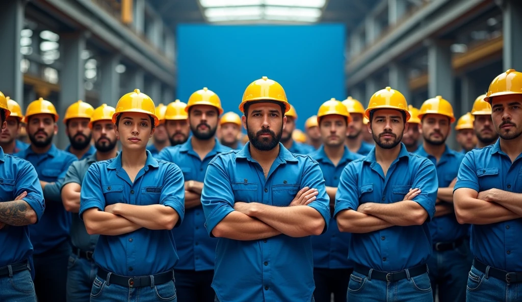 A demonstration of metalworkers in front of a modern factory, with large navy blue, and light blue, demanding more rights. The workers are united, mens and women, some with crossed arms, and the scene is filled with an atmosphere of determination and struggle. Banners phrase on the middle: "2024 Salary Campaign" in Portuguese, workers in blue uniforms, yellow safety helmets, facing the camera, with the factory in the background, brazilian people.