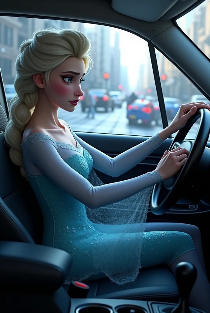 Elsa Frozen is sitting in the car at an intersection, pumping the pedal with her foot and holding your hand. you are sitting next to her