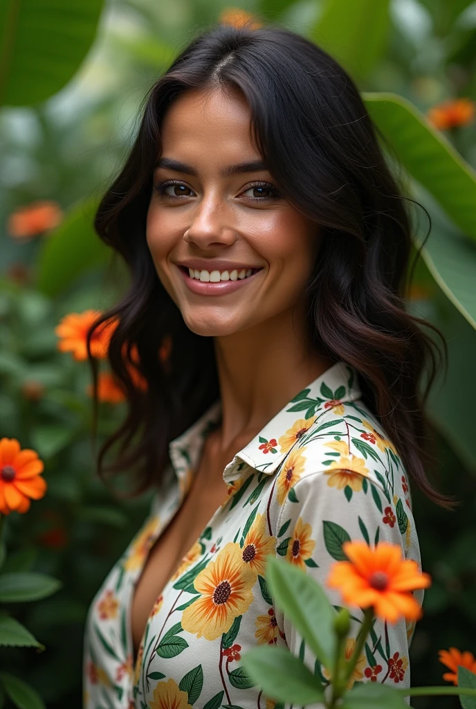 A Brazilian woman in a lush tropical garden, wearing an open shirt with a floral print, with a close-up capturing the harmonious beauty between her breasts and the natural flowers, showing off your natural charm and outgoing personality.
