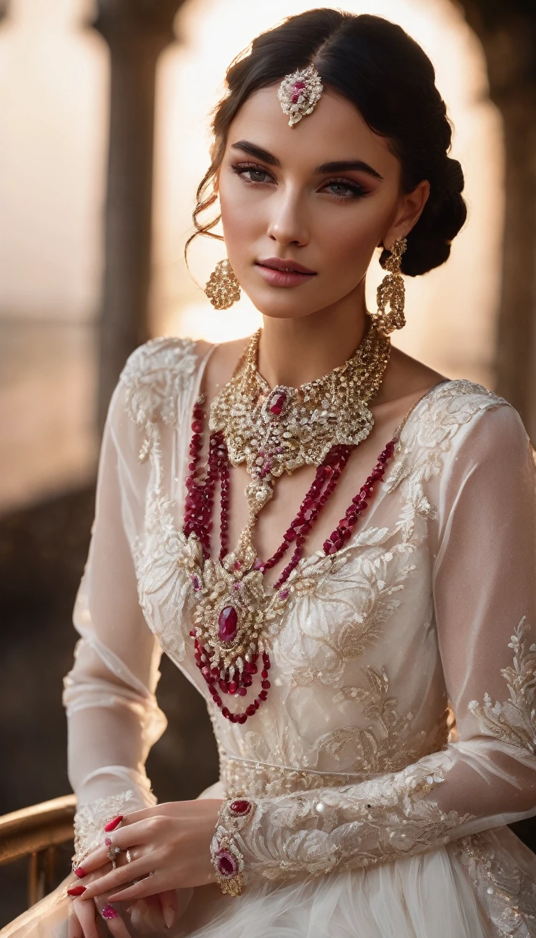 High Fashion Portrait | Graceful woman in a white dress adorned with stunning jewelry | Ethereal, warm lighting | Medium shot, straight angle | Canon EOS R5 with RF 85mm f/1.2L USM lens | Elaborate ruby and platinum hand chain; Peacock pendant with radiant red gems; Light pink, semi-transparent nails; Sophisticated dress texture; Fine shadows --chaos 15 --ar 3:4 --style raw --v 6.1 --stylize 75