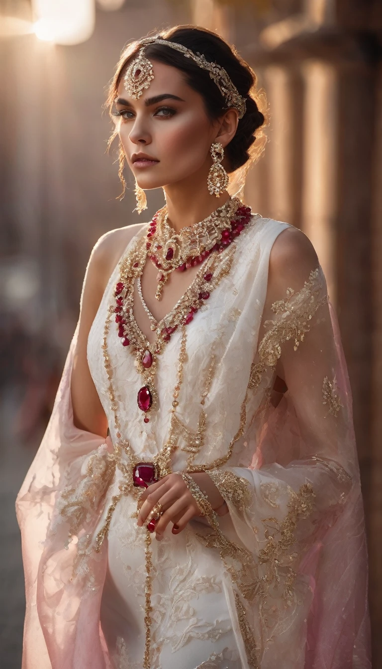 High Fashion Portrait | Graceful woman in a white dress adorned with stunning jewelry | Ethereal, warm lighting | Medium shot, straight angle | Canon EOS R5 with RF 85mm f/1.2L USM lens | Elaborate ruby and platinum hand chain; Peacock pendant with radiant red gems; Light pink, semi-transparent nails; Sophisticated dress texture; Fine shadows --chaos 15 --ar 3:4 --style raw --v 6.1 --stylize 75