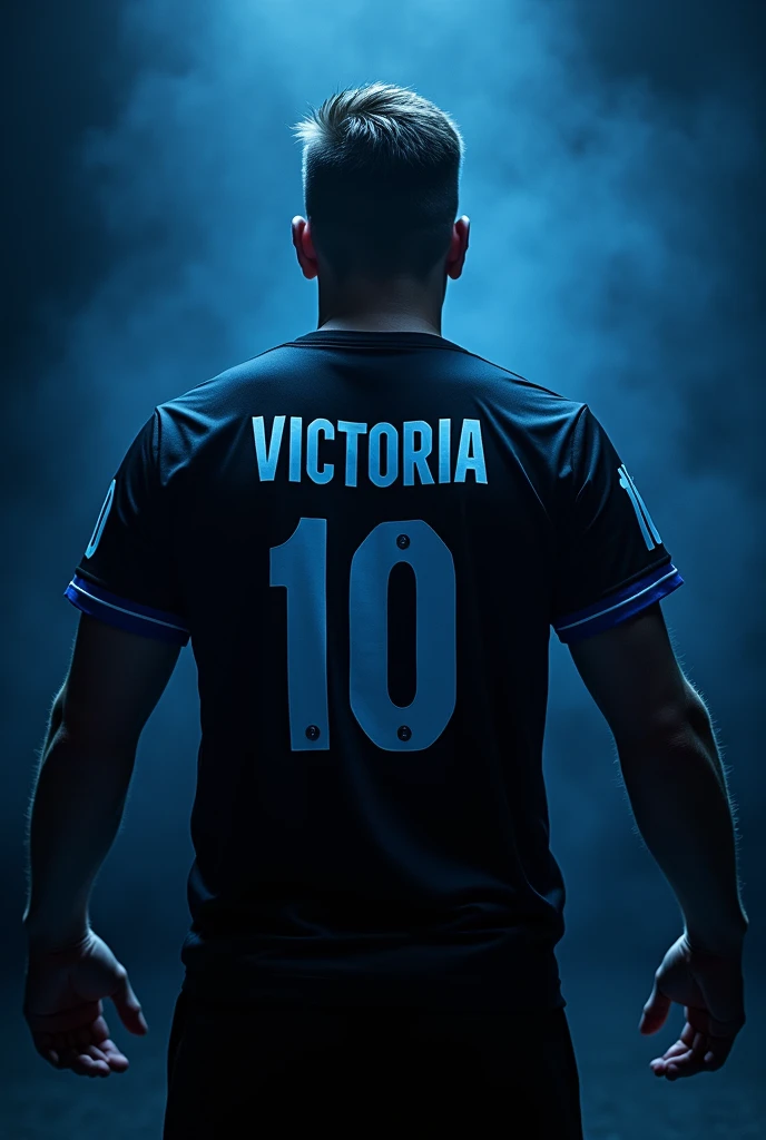 Back of a black and blue team commissary with the phase on it "Our team rules like Hades: unbeatable and absolute." The number 10 is the name Victoria 