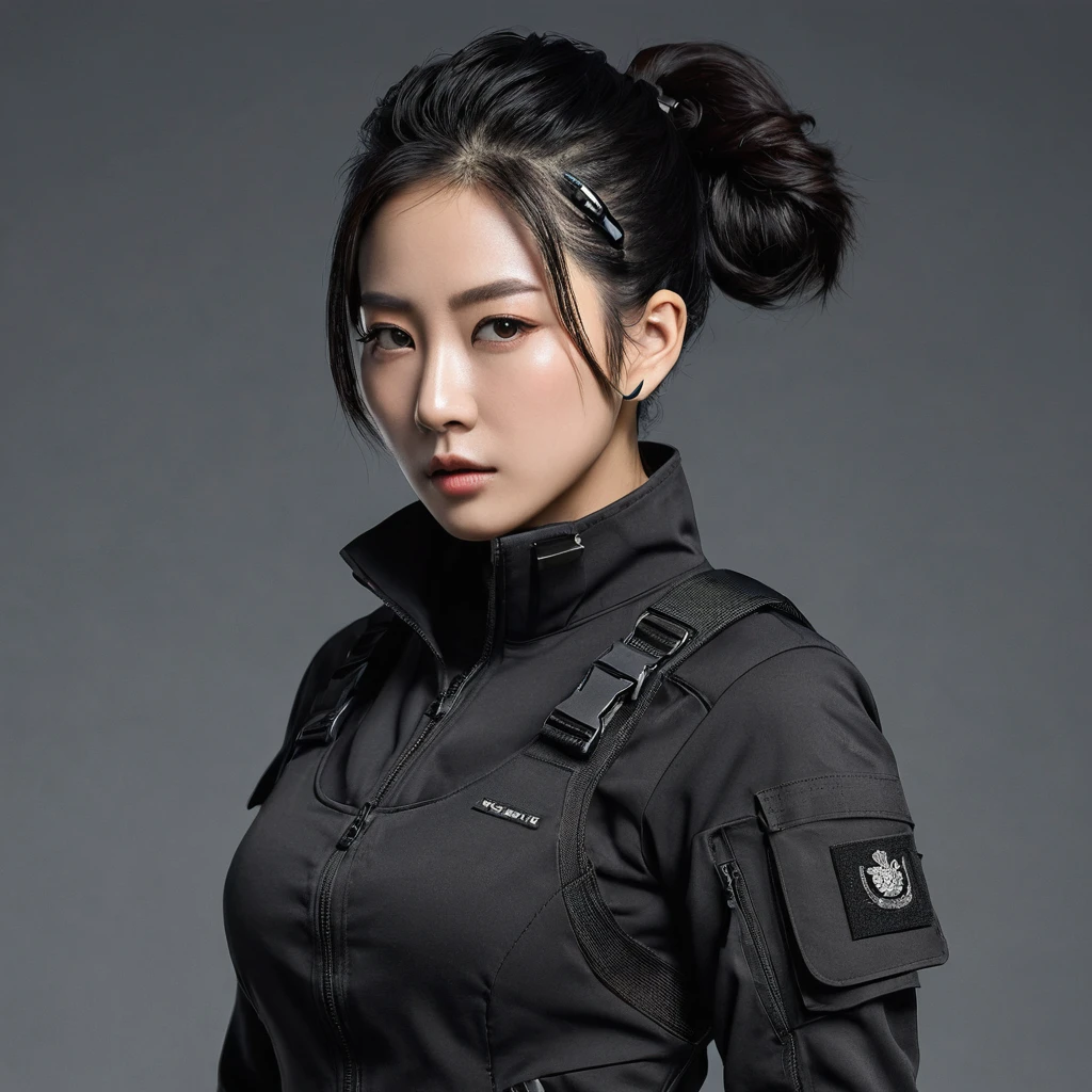 1girl, Short Hair, Black Hair, Solo, Looking at Veiwer, Call Of Duty, Korean, Black Military Clothes, Hood up, Half Mask
**Appearance:**
- **Height:** 5'2" (157 cm)
- **Build:** Lean and athletic, with a focus on agility rather than brute strength.
- **Hair:** Dark brown, tied back into a sleek bun or a low ponytail.
- **Eyes:** Sharp, almond-shaped eyes with a piercing, focused gaze.
- **Clothing:** Ji-Yeon wears a custom lightweight tactical suit, designed for stealth and mobility. The suit is matte black with muted grey accents, equipped with noise-canceling technology and additional padding to reduce sound.
- **Accessories:** A small, subtle earpiece for communication, and a wrist-mounted device that displays real-time mission data. She also wears a necklace with her family's military crest, a constant reminder of her lineage and duty.