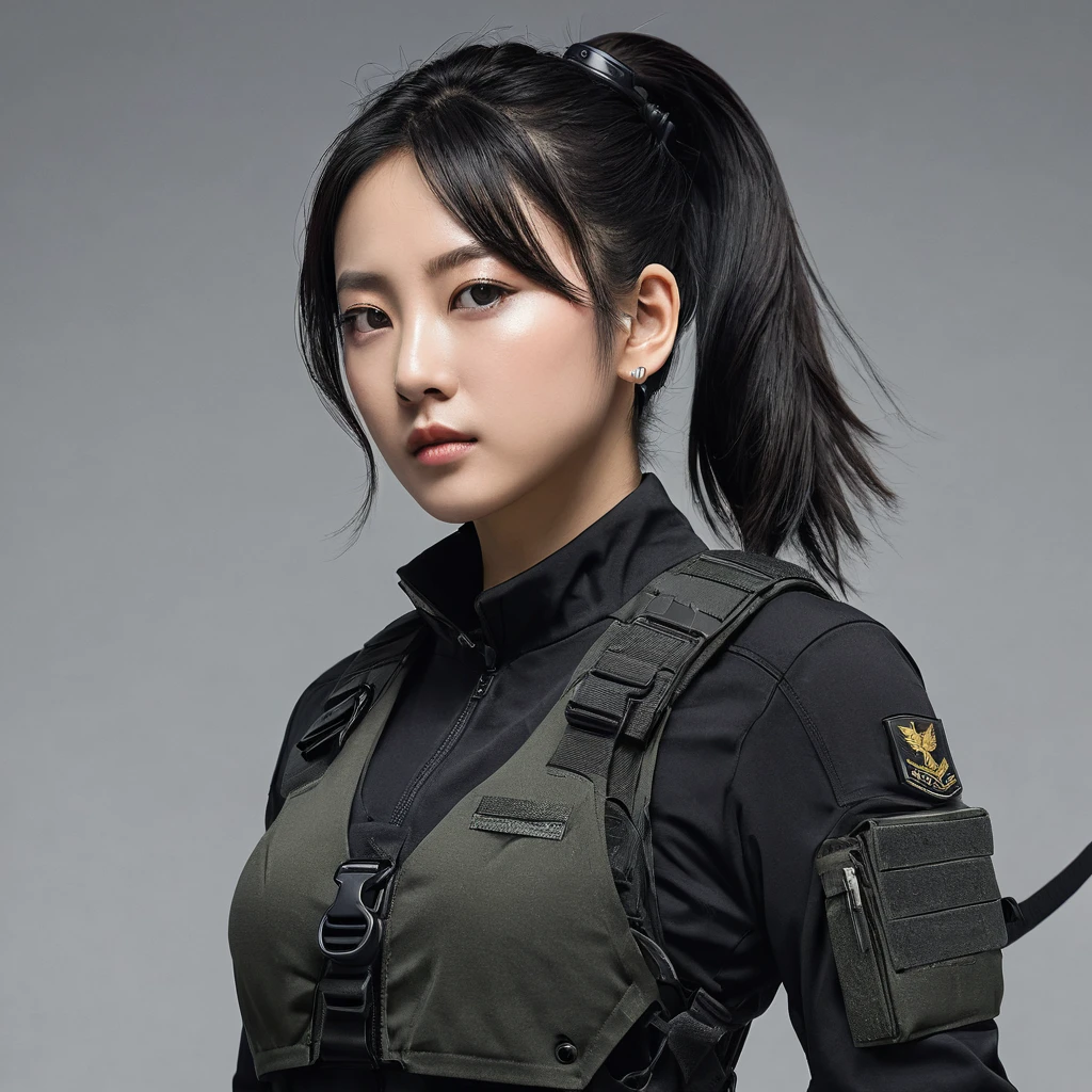 1girl, Short Hair, Black Hair, Solo, Looking at Veiwer, Call Of Duty, Korean, Black Military Clothes, Hood up, Half Mask
**Appearance:**
- **Height:** 5'2" (157 cm)
- **Build:** Lean and athletic, with a focus on agility rather than brute strength.
- **Hair:** Dark brown, tied back into a sleek bun or a low ponytail.
- **Eyes:** Sharp, almond-shaped eyes with a piercing, focused gaze.
- **Clothing:** Ji-Yeon wears a custom lightweight tactical suit, designed for stealth and mobility. The suit is matte black with muted grey accents, equipped with noise-canceling technology and additional padding to reduce sound.
- **Accessories:** A small, subtle earpiece for communication, and a wrist-mounted device that displays real-time mission data. She also wears a necklace with her family's military crest, a constant reminder of her lineage and duty.
