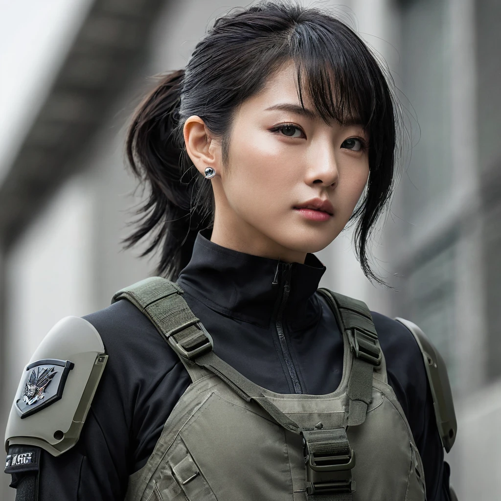 1girl, Short Hair, Black Hair, Solo, Looking at Veiwer, Call Of Duty, Korean, Black Military Clothes, Hood up, Half Mask
**Appearance:**
- **Height:** 5'2" (157 cm)
- **Build:** Lean and athletic, with a focus on agility rather than brute strength.
- **Hair:** Dark brown, tied back into a sleek bun or a low ponytail.
- **Eyes:** Sharp, almond-shaped eyes with a piercing, focused gaze.
- **Clothing:** Ji-Yeon wears a custom lightweight tactical suit, designed for stealth and mobility. The suit is matte black with muted grey accents, equipped with noise-canceling technology and additional padding to reduce sound.
- **Accessories:** A small, subtle earpiece for communication, and a wrist-mounted device that displays real-time mission data. She also wears a necklace with her family's military crest, a constant reminder of her lineage and duty.