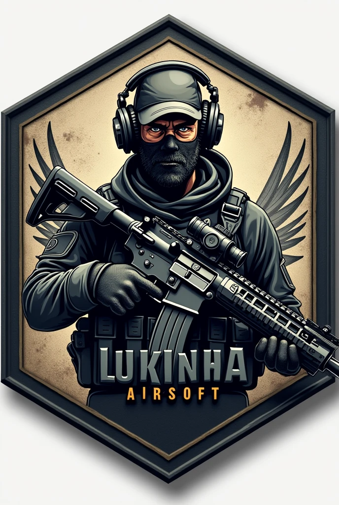 Create Hexagonal Rubber Patch Cliché Image, Military coat of arms, with the name Lukinha Airsoft and an operator carrying an m4 rifle wearing a cap and headphones