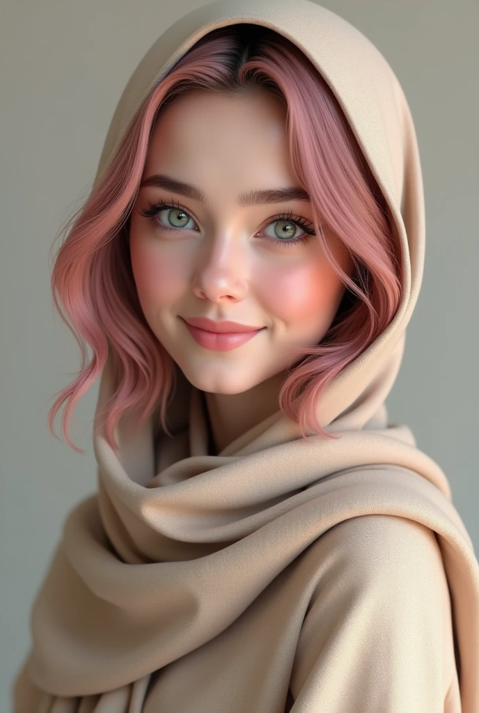 Beige abaya white eyes dark pink hair smile realistic 8k focus