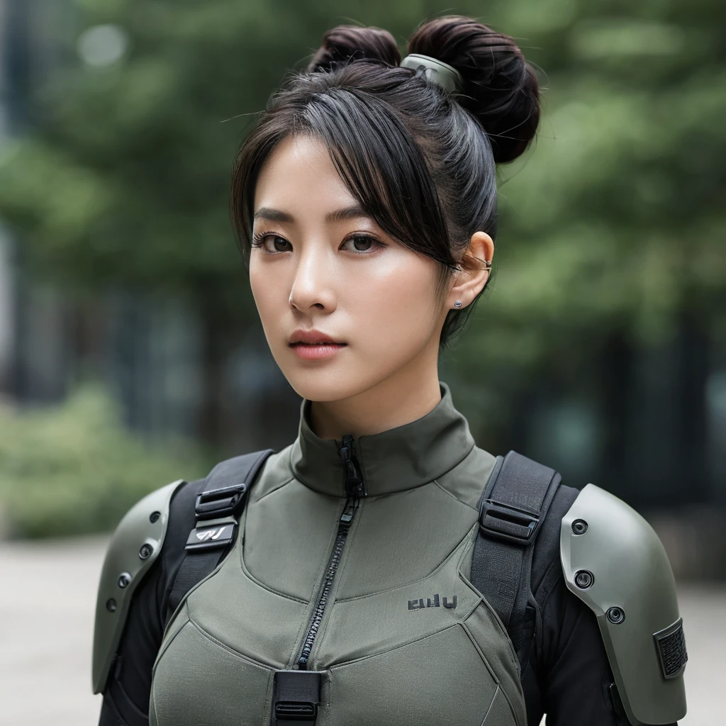 1girl, Short Hair, Black Hair, Solo, Looking at Veiwer, Call Of Duty, Korean,
**Appearance:**
- **Height:** 5'2" (157 cm)
- **Build:** Lean and athletic, with a focus on agility rather than brute strength.
- **Hair:** Dark brown, tied back into a sleek bun or a low ponytail.
- **Eyes:** Sharp, almond-shaped eyes with a piercing, focused gaze.
- **Clothing:** Ji-Yeon wears a custom lightweight tactical suit, designed for stealth and mobility. The suit is matte black with muted grey accents, equipped with noise-canceling technology and additional padding to reduce sound.
- **Accessories:** A small, subtle earpiece for communication, and a wrist-mounted device that displays real-time mission data. She also wears a necklace with her family's military crest, a constant reminder of her lineage and duty.