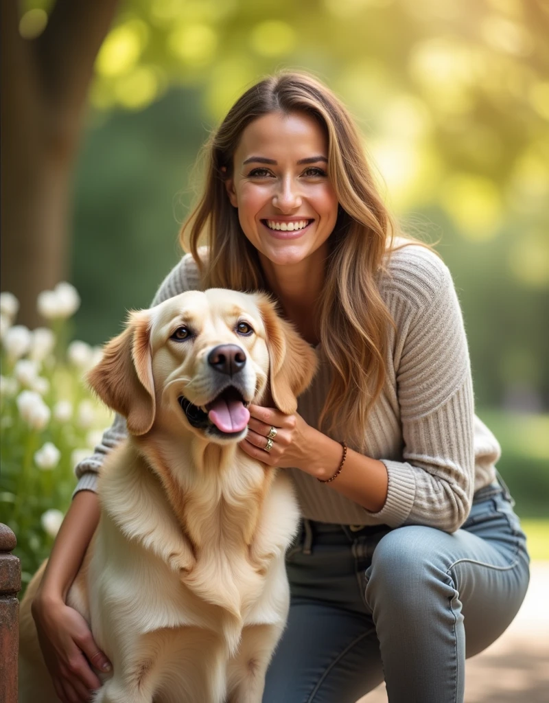 Create a photo of a beautiful and happy woman next to a dog