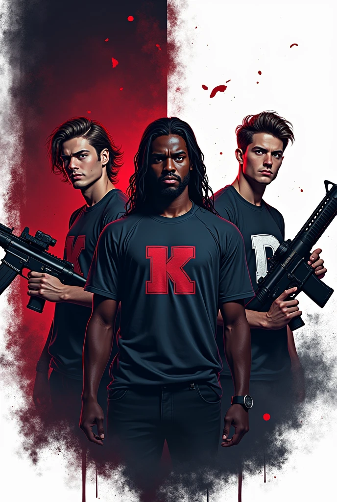 Gamer logo of three people with weapons and initials on their shirts (s)the other one (k) y the other one (D) that the background is horror that one is dark the other white and the other with long hair that they are men with the initials on the shirt one with the (s) the other with the (k) and the long-haired one with the(D) a little bit animated that the person who has the letter k is black and the other two all have light skin