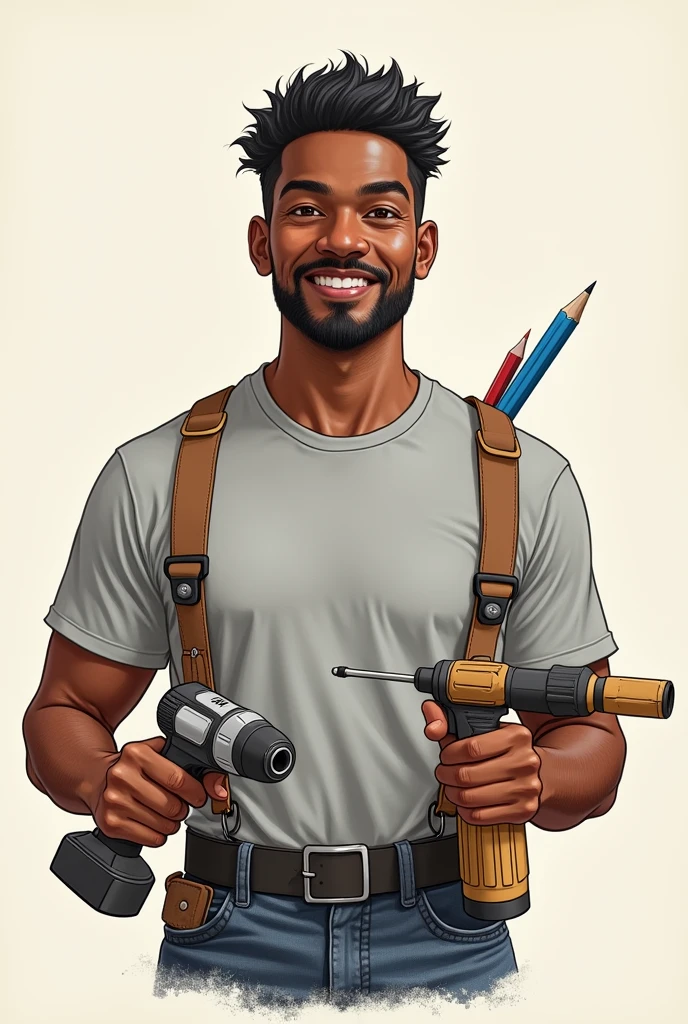 Dark skinned man with a goatee, black hair with a few gray strands smiling wearing a light gray t-shirt with a drill in one hand and a screwdriver in the other hand and a blue pencil behind his ear in a drawing