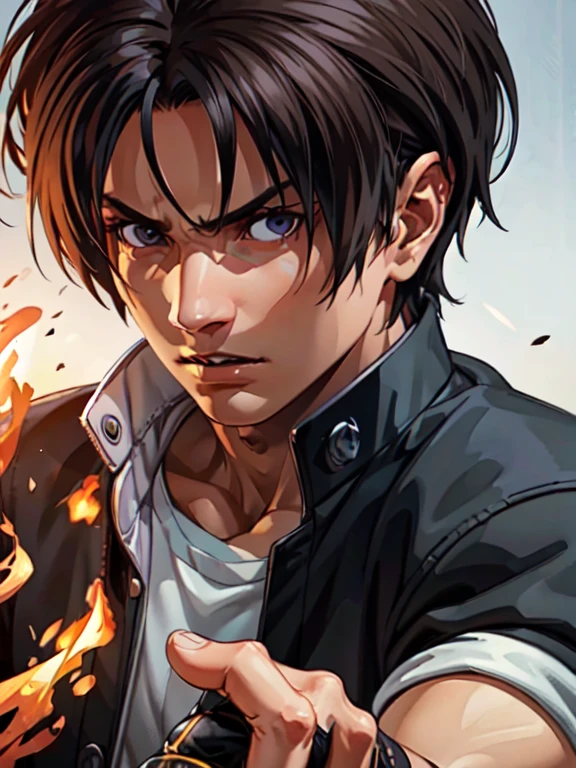 Masterpiece, highest quality, ultra realistic, intricate details, 8k, 4k, professional illustration of kyo kusanagi,, (perfect hands), serious look|expression, fire vortex