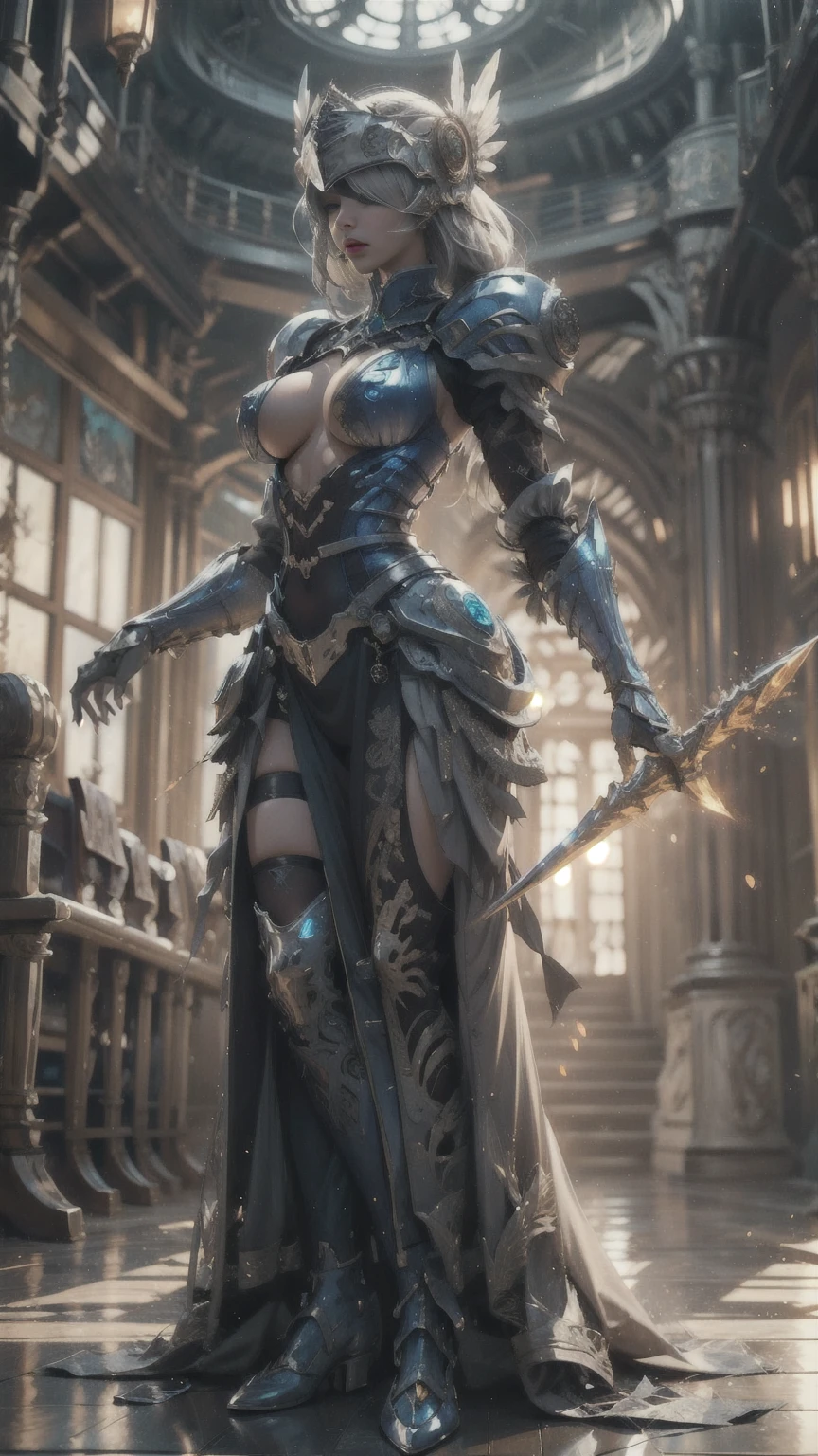 Make a 'kitbash' of Lenneth from 'Valkyrie profile' and 2B from 'Nier: Automata', combine 2B and Lenneth, solo, 1girl, BREAK: ((bright sapphire blue plate mech4rmor)), (boob window:1.27), (blue helmet blindfold:1.32), thigh cutout, long skirt, wings, BREAK: standing contrapposto, holding glowing spear, light smile, BREAK: plains, castle, BREAK: (better hands, best hands,) (insanely detailed, masterpiece, best quality), strong_negative, Chinese style