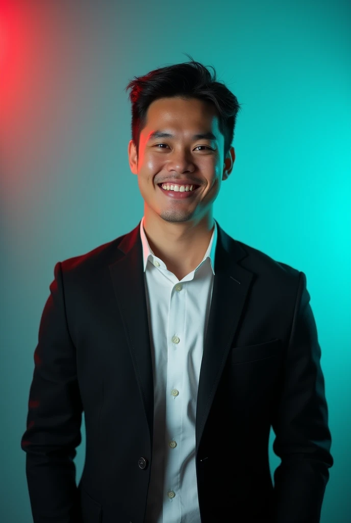 A young man with round face dark hair and a confident smile. He is dressed in a black blazer over a white shirt. The man is positioned against aqua colour backdrop with a subtle red lighting on the left side. and he posing for Linkedin profile