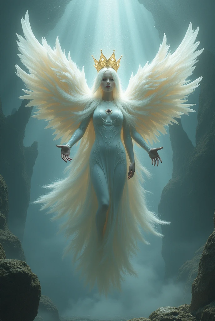 Angel with several wings covering the body, a floating crown, and an eye in the center