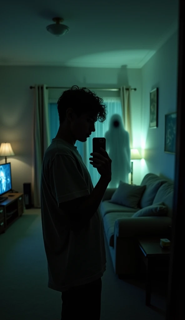 A person takes a casual selfie in their dimly lit living room, the only light coming from the flickering glow of a television and a single, dim lamp casting long shadows. As they review the photo on their phone, their heart skips a beat. In the background, just beyond the edge of the image, a faint, spectral figure looms, its features twisted and barely human. The figure's eyes appear as hollow, dark voids, and its form seems to flicker between existence and nothingness, like a corrupted digital file struggling to hold together. The air in the room suddenly feels colder, and a deep sense of dread washes over them. Despite the overwhelming fear creeping up their spine, they desperately try to convince themselves it’s just a camera glitch. But the feeling that they are not alone lingers long after they put the phone down."