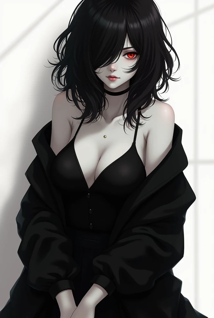 Create a female character, white-skinned, u little high, with voluminous hair and a fringe that covers the left eye, red color eyes, large breasted, ass of an average size, she will be wearing an outfit with a slightly tight black blouse and a black skirt, with black shoes too, and a haori covering his arms and a little of his hand, give black and white color 