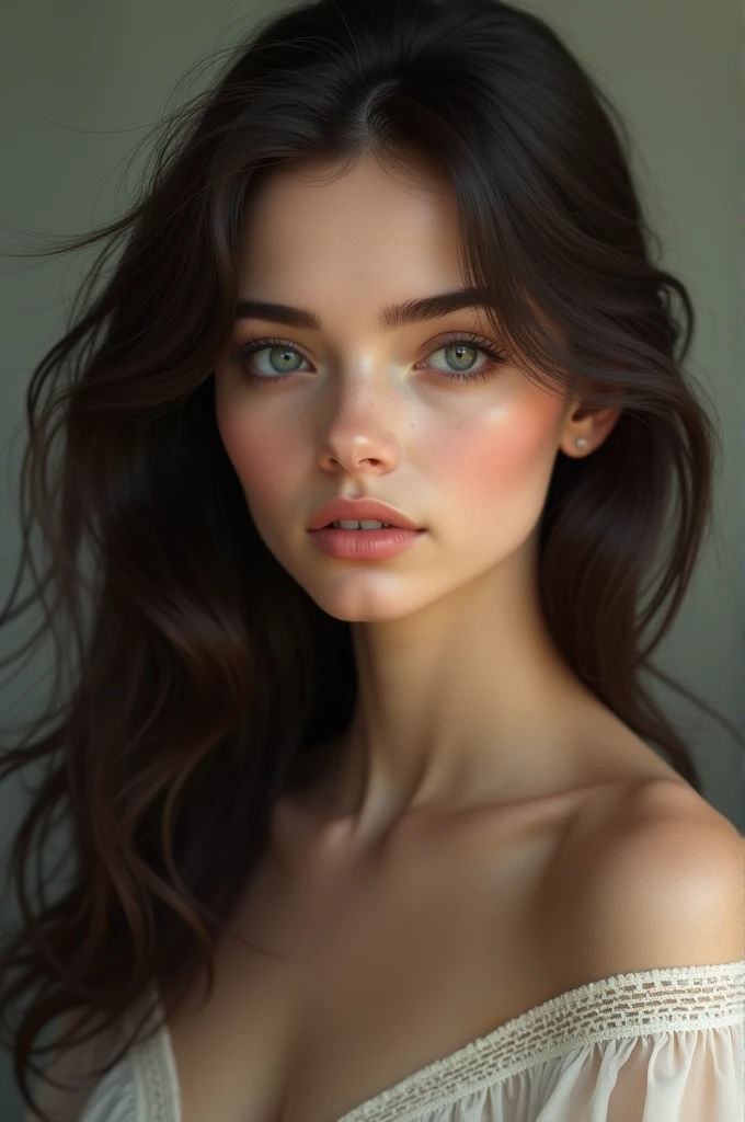 Femme brune yeux clair, jeune 