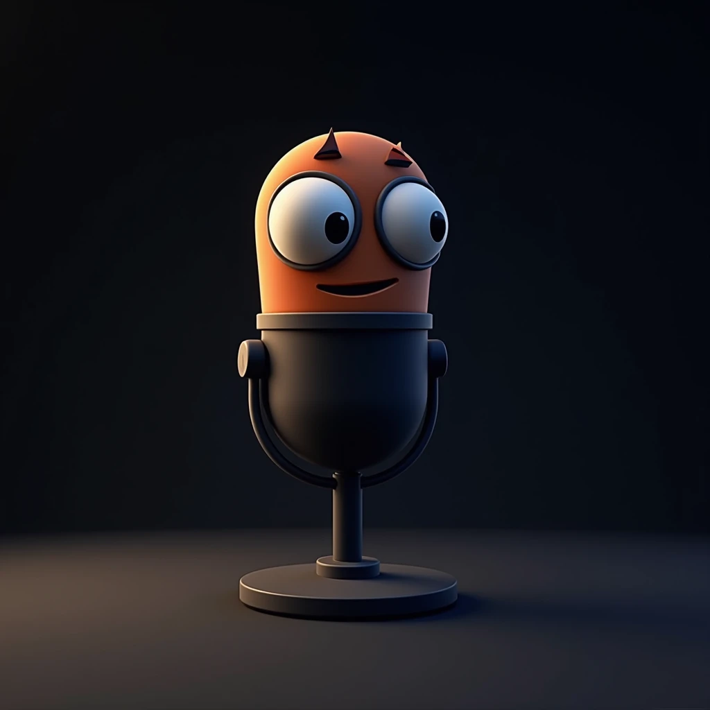 I want a picture of a podcast microphone , black backdrop, a microphone like the PodPah Channel logo, a cartoon-shaped microphone