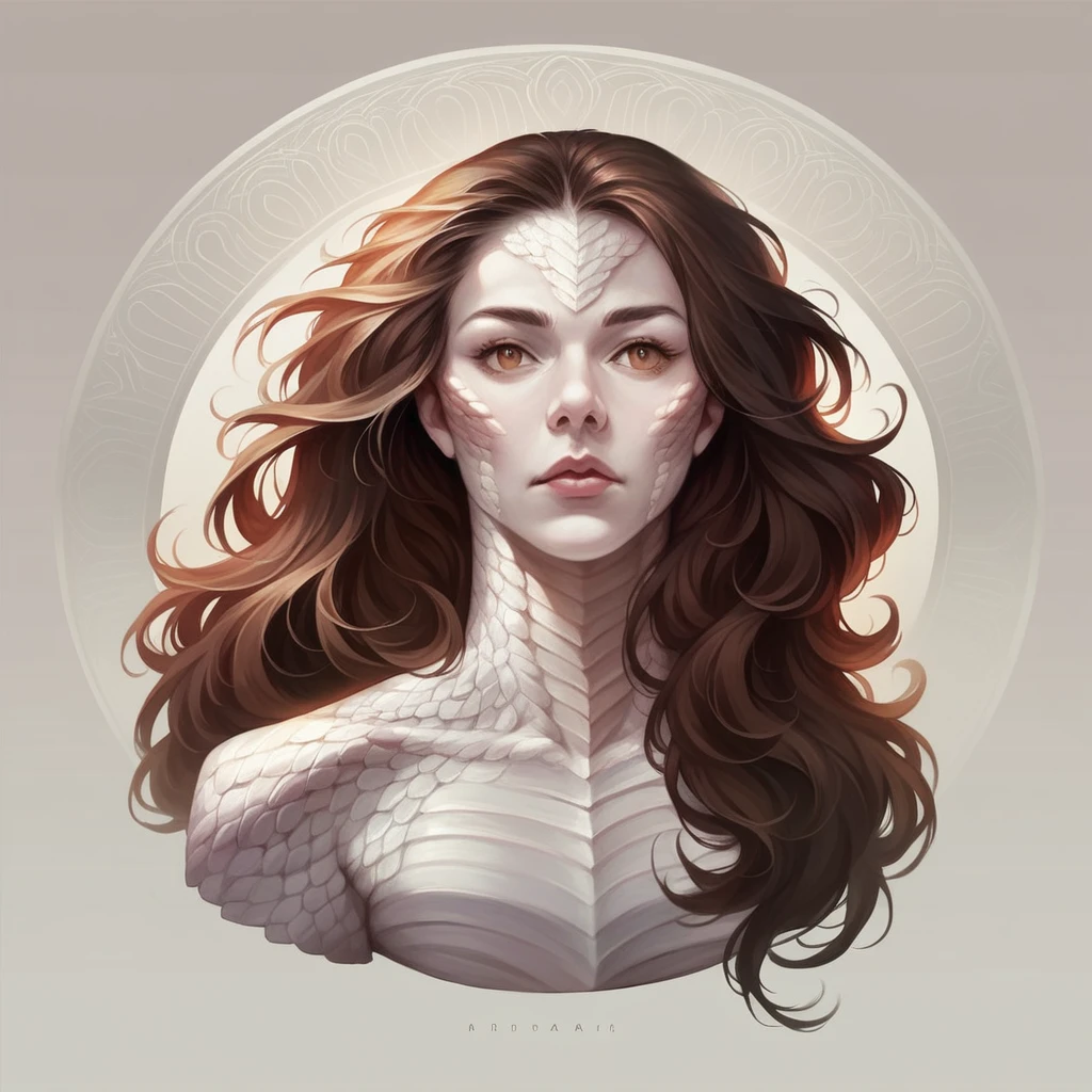 a normal lamia, white skin, brown hair, bronze scales, broad and delicate shoulders, intricate detailed portrait, high quality digital art, 8k, photorealistic, cinematic lighting, dramatic color palette, fantasy concept art