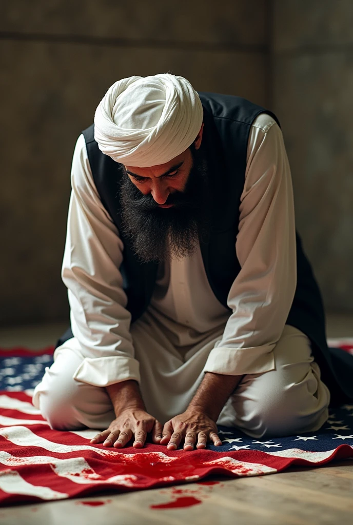 Taliban leader, big bearded, white Afghan dress, black waistcoat, big white afghan turban; prostrating , kissing and worshiping to USA flag, a lot of blood on floor