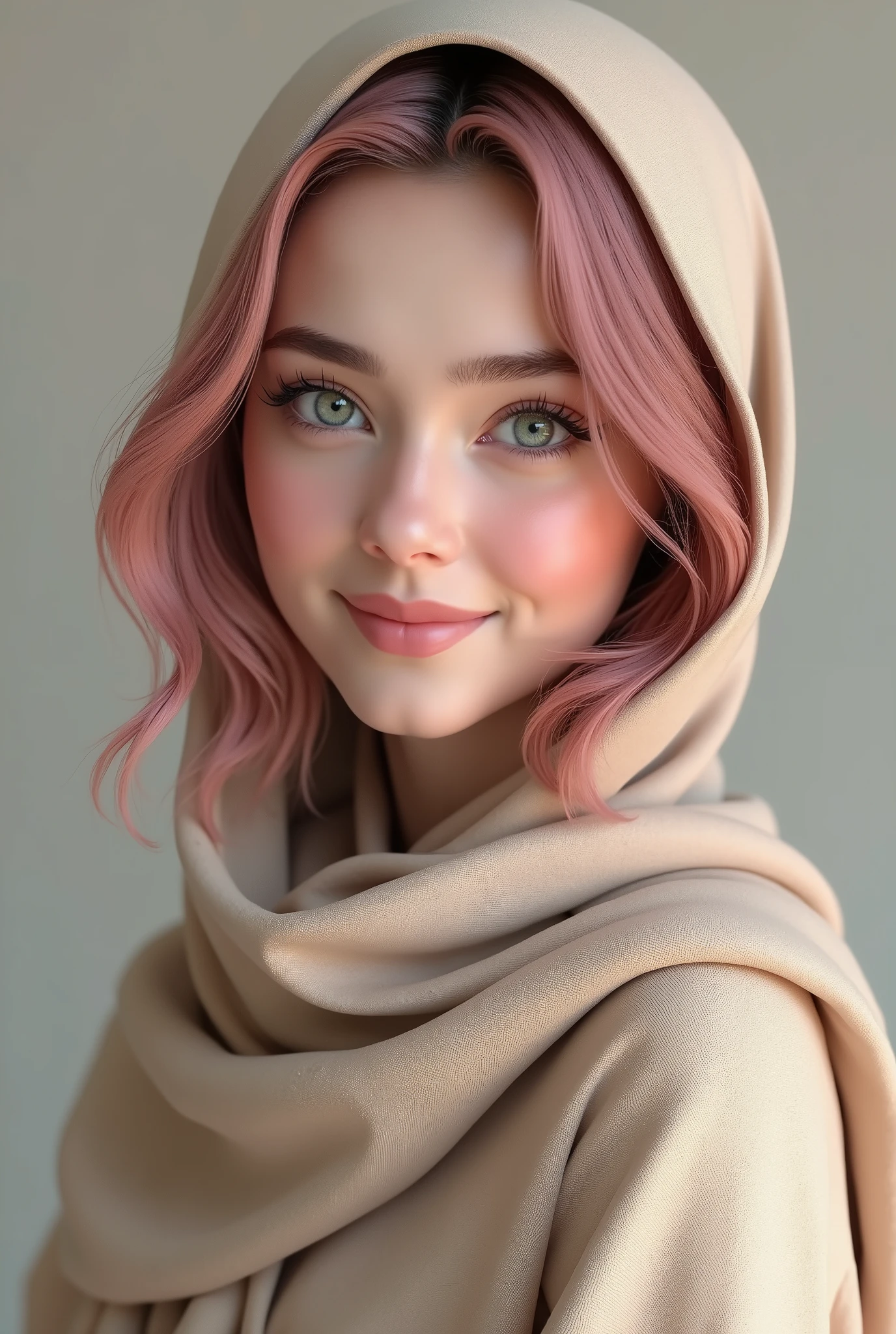 Beige abaya white eyes dark pink hair smile realistic 8k focus