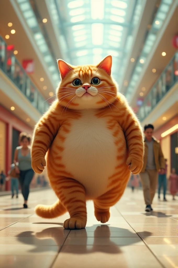 A very fat orange cat walks on its two legs inside a shopping mall.