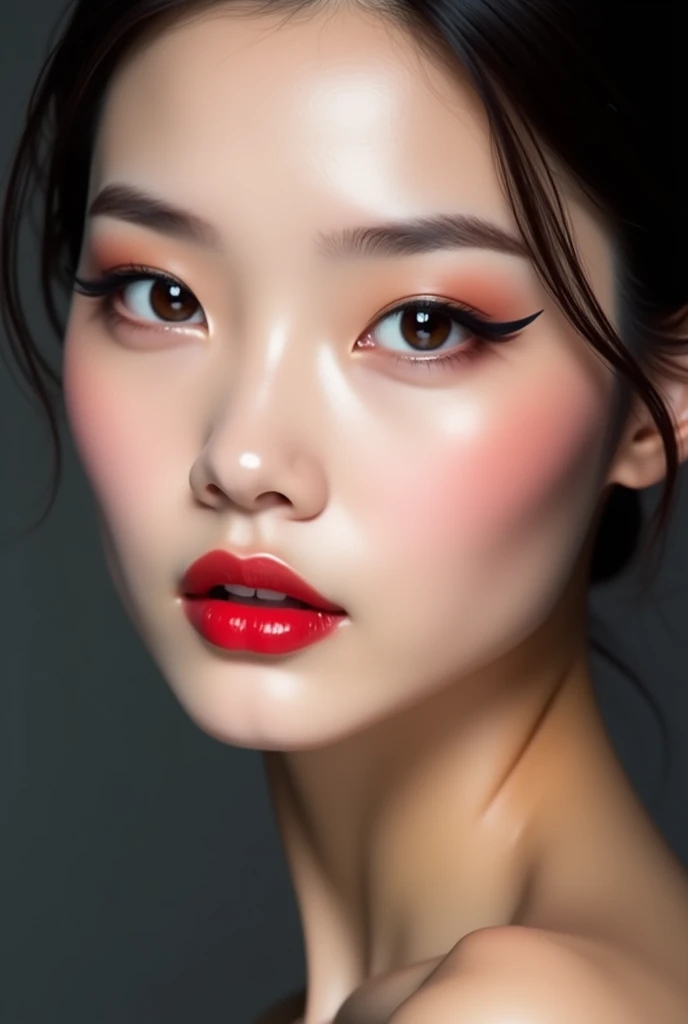 Forme : En amande, légèrement bridés, typiques des traits asiatiques.
Couleur : Brun foncé, presque noirs.
Maquillage : Eye-liner fin et précis qui allonge le regard vers les tempes. Les cils semblent être naturellement longs ou rehaussés par du mascara.
Regard : Intense et direct vers l'objectif, avec une expression à la fois sérieuse et séduisante.
Sourcils :
Fins et bien dessinés, avec une légère courbe naturelle.
Ils semblent être soigneusement épilés et peut-être légèrement maquillés pour accentuer leur définition.
Nez :
Petit et droit, avec un bout légèrement arrondi.
Il s'harmonise parfaitement avec les autres traits du visage.
Lèvres :
Bien dessinées, avec une forme en arc de Cupidon prononcée sur la lèvre supérieure.
Taille moyenne, ni trop fines ni trop pulpeuses.
Maquillées d'un rouge vif qui attire l'attention.
Peau :
Claire et lisse, semblant presque parfaite.
Un léger éclat sur les pommettes suggère l'utilisation d'un illuminateur ou d'un blush très discret.
Front :
Lisse et dégagé, partiellement visible à travers sa chevelure.
Joues :
Légèrement creusées, soulignant la structure osseuse de son visage.
L'ensemble de ses traits crée un visage harmonieux et attrayant, typique des standards de beauté asiatiques contemporains. Cheveux : Longs, noirs, ondulés, coiffés avec du volume et tombant sur ses épaules et son dos.
Visage : Traits délicats, peau claire et lisse, yeux en amande, sourcils fins et bien dessinés.
Maquillage : Léger, mettant en valeur ses yeux avec un eye-liner, lèvres peintes en rouge vif.
Tenue vestimentaire :
Haut : Soutien-gorge jaune vif avec bordure en dentelle blanche.
Bas : Jupe ou short en cuir noir brillant, très court.
Chaussures : Bottes jaunes vives montant jusqu'au mollet, à lacets noirs et semelles épaisses.
Accessoires :
Boucles d'oreilles : Grands anneaux dorés.
Collier : Ras-de-cou argenté avec un pendentif.
Bracelet : Fine chaîne argentée à la cheville droite.