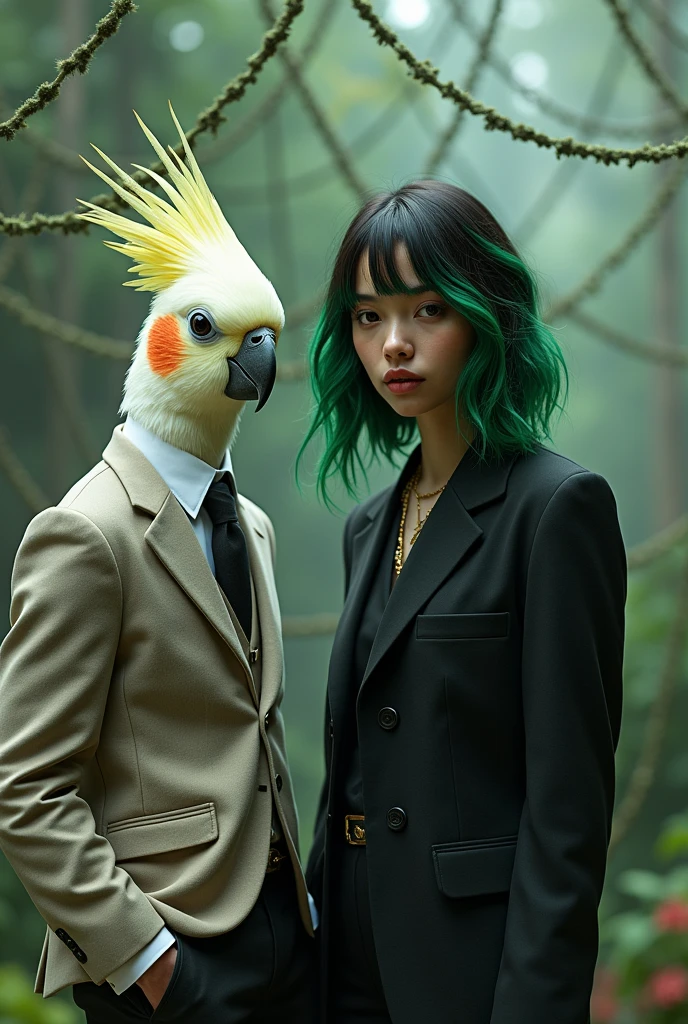 Billie Eilish next to a humanoid cockatiel in a suit in the middle of a web shoot