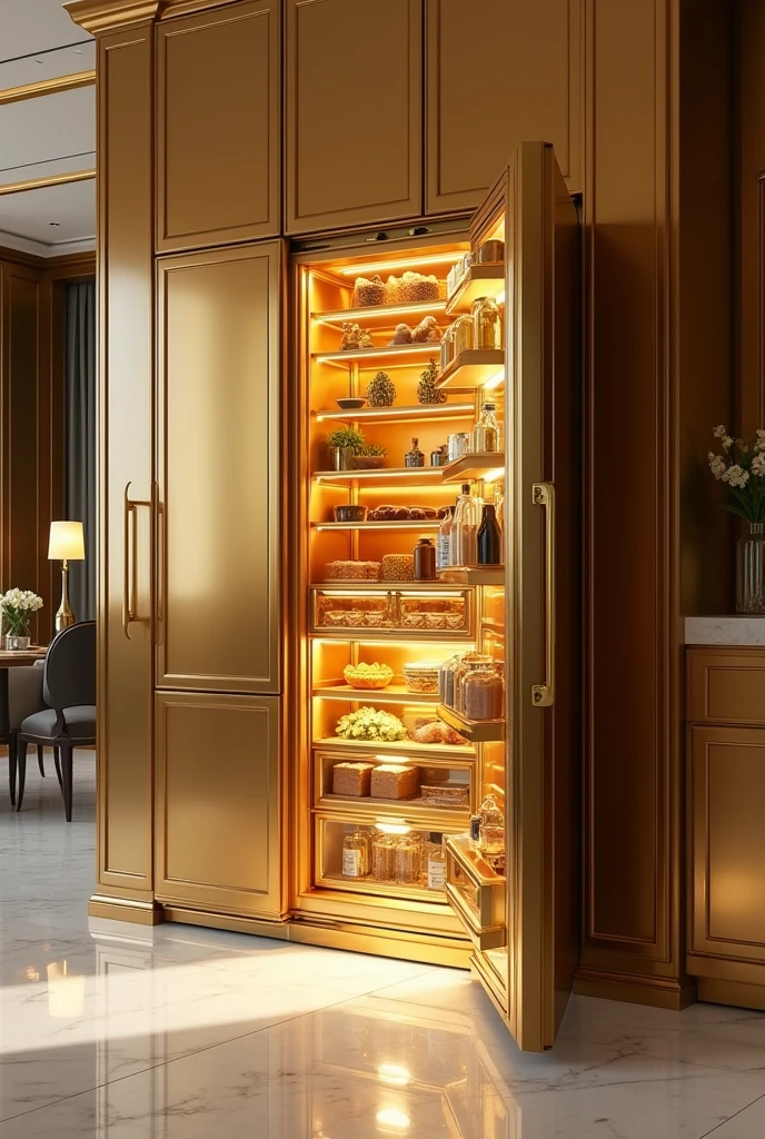 Big gold fridge with gold inside 