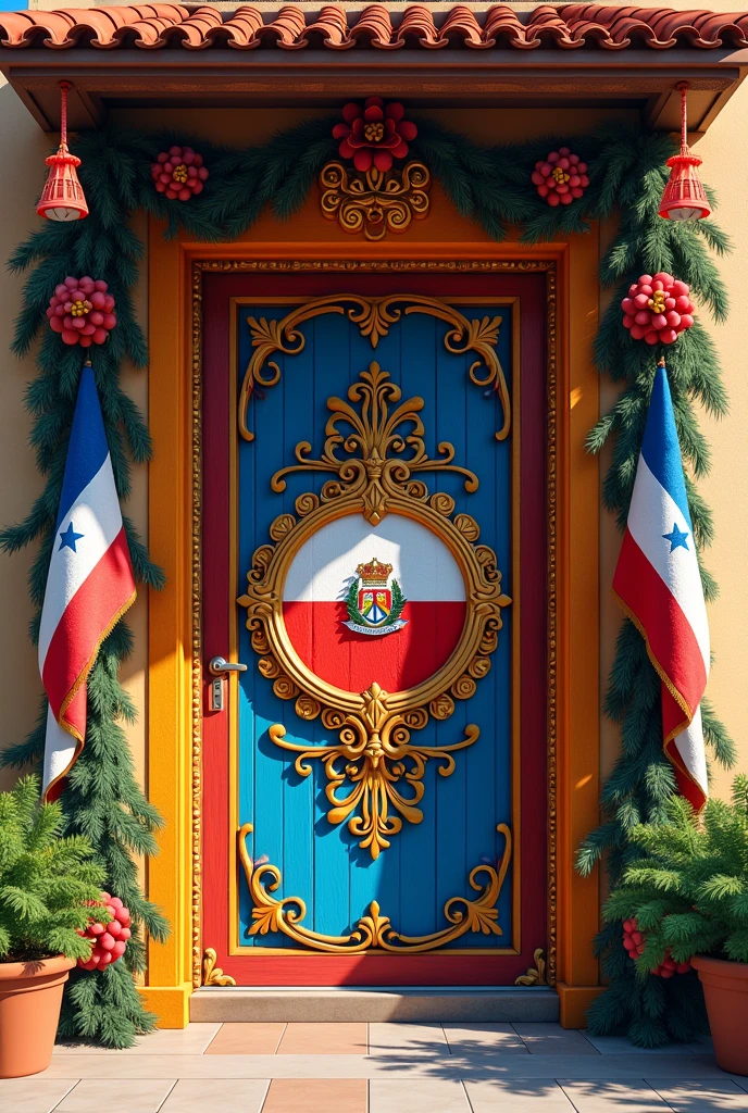 Create an image on a door decorated for the national holidays in Chile with this most important thing a symbol: San Salvador and Temarios It is for a school door to enter the room and make it simpler 
