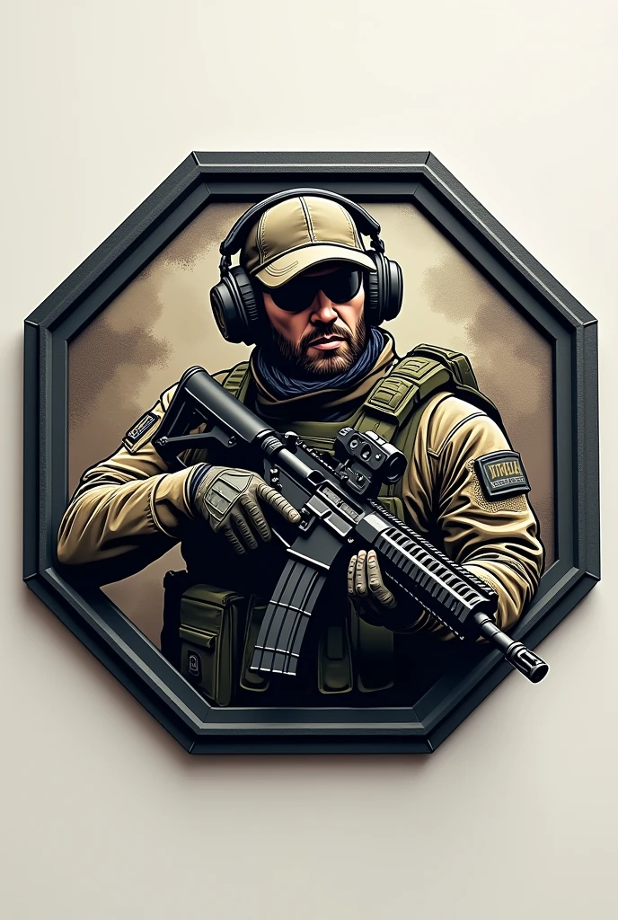 Create Hexagonal Rubber Patch Cliché Image, Military coat of arms, with the name Lukinha Airsoft and an operator carrying an m4 rifle wearing a cap and headphones