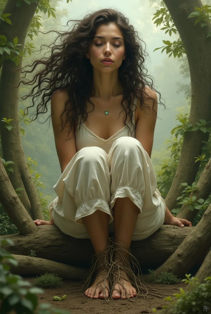 Woman with feet with roots and curly hair and modest clothing