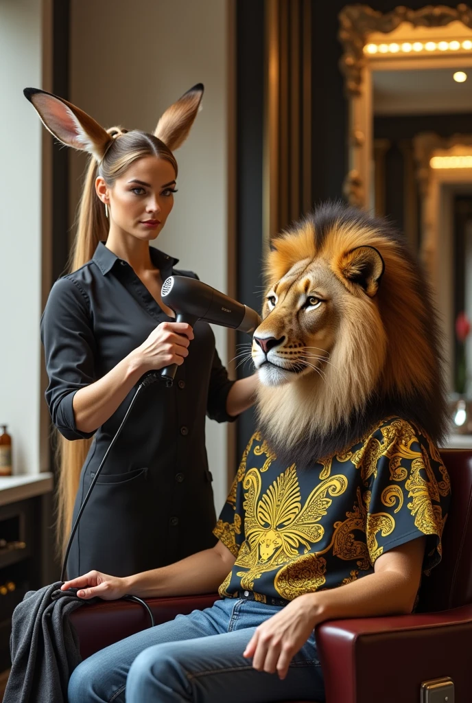 A female a gazelle barber,, is giving me a blow dry for a very young lioness wearing a Versace shirt and jeans in a very luxurious shop, realistic as in real life