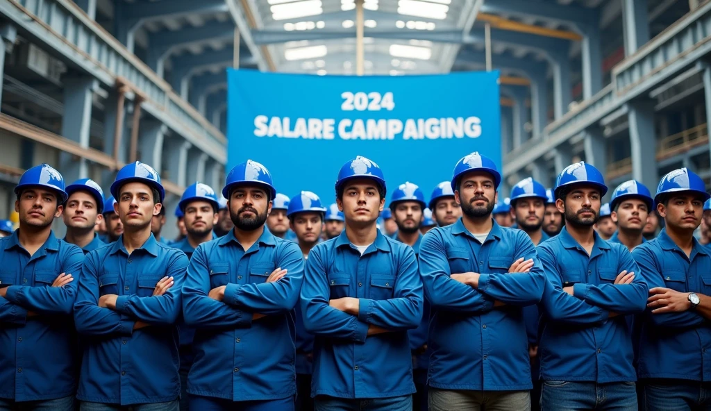 A demonstration of metalworkers in front of a modern factory, with large navy blue, and light blue, demanding more rights. The workers are united, mens and women, some with crossed arms, and the scene is filled with an atmosphere of determination and struggle. Banners phrase on the middle: "2024 Salary Campaign" in Portuguese, workers in blue uniforms, safety helmets, facing the camera, with the factory in the background, brazilian people.