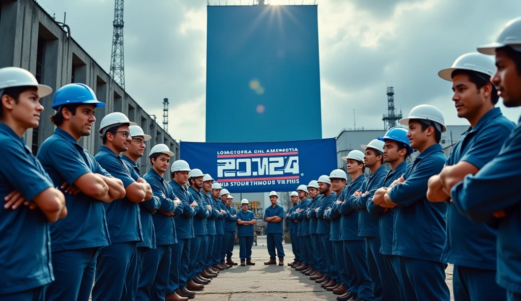 A demonstration of metalworkers in front of a modern factory, with large navy blue, and light blue, demanding more rights. The workers are united, mens and women, some with crossed arms, and the scene is filled with an atmosphere of determination and struggle. Banners phrase on the middle: "2024 Salary Campaign" in Portuguese, workers in blue uniforms, safety helmets, facing the camera, with the factory in the background, brazilian people.