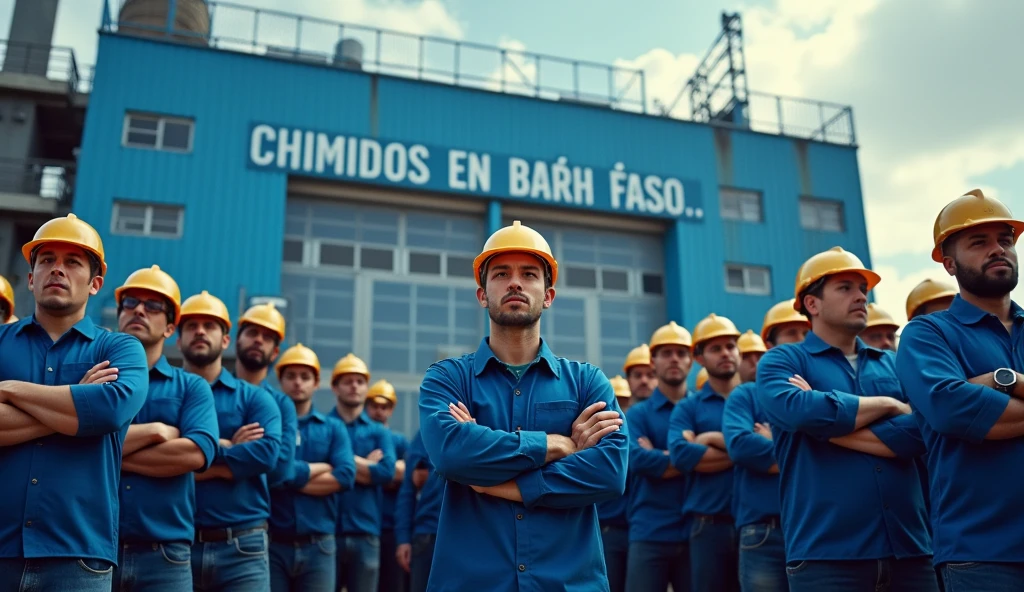 A demonstration of metalworkers in front of a modern factory, with large navy blue, and light blue, demanding more rights. The workers are united, mens and women, some with crossed arms, and the scene is filled with an atmosphere of determination and struggle. Banners phrase on the middle: "2024 Salary Campaign" in Portuguese, workers in blue uniforms, safety helmets, facing the camera, with the factory in the background, brazilian people.