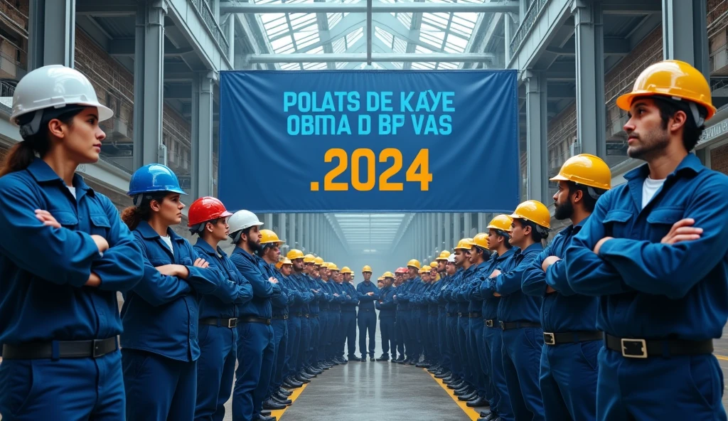 A demonstration of metalworkers in front of a modern factory, with large navy blue, and light blue, demanding more rights. The workers are united, mens and women, some with crossed arms, and the scene is filled with an atmosphere of determination and struggle. Banners phrase on the middle: "2024 Salary Campaign" in Portuguese, workers in blue uniforms, safety helmets, facing the camera, with the factory in the background, brazilian people.