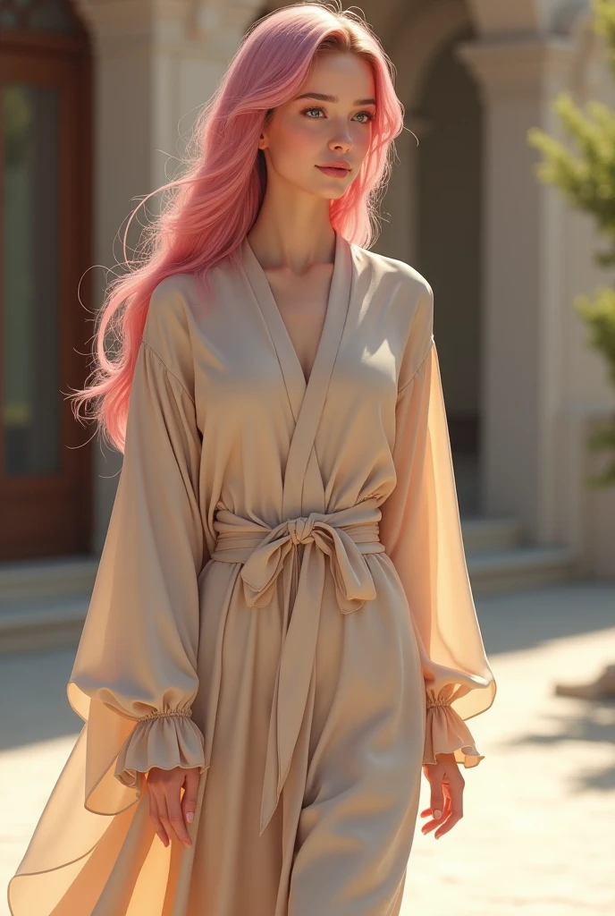 Beige abaya white eyes dark pink hair smile realistic 8k focus walk