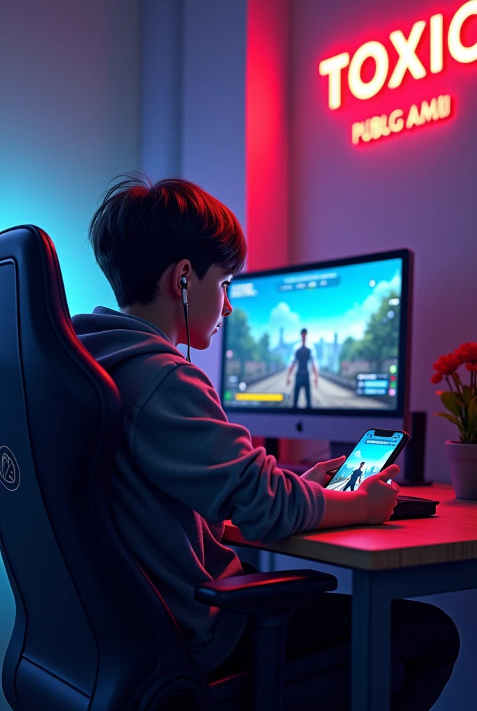 Make a wallpaper of a 1 boy holding a smartphone horizontally, playing Pubg game and  earphone connected  , sitting on a gaming chair in front of his Gaming Computer and RGB CPU. Pubg pochinki are shown in his computer. There are a logo frame hanging on the wall in which  "TOXIC" named gaming logo are present. Ensure that name should clearly visible and logo give gaming vibes.