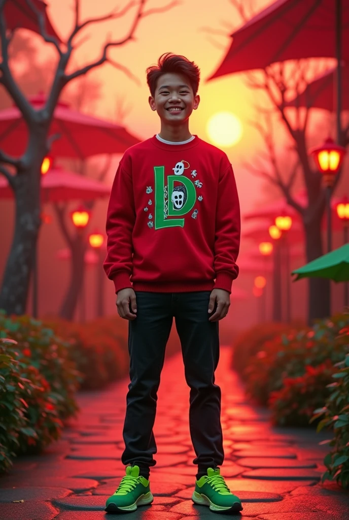 Amazing handsome man thai,20yo, smile sweetly,wearing a sweater bright red Ghoul motif,with bearing the green teks"LD"logo text, wearing green sports shoes, bright red lime, light red,Disney princess ghost park as background