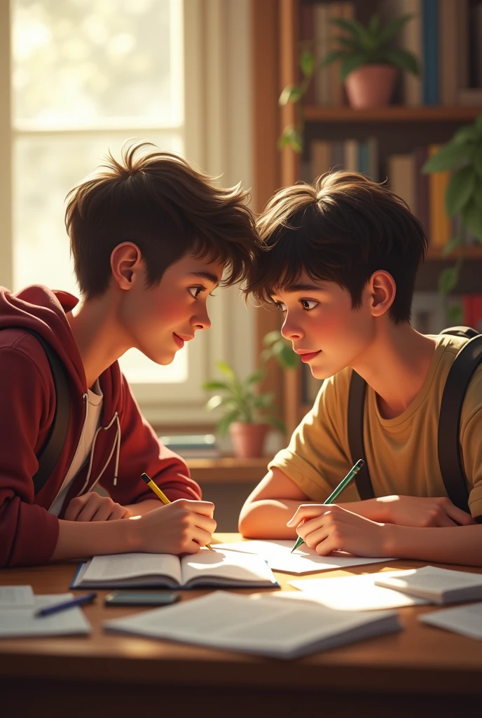 As the weeks went by, Jack and Alex’s friendship grew stronger. They started hanging out together, discussing their favorite books and music, and even helping each other with schoolwork. Their once bitter rivalry transformed into a genuine camaraderie. A picture of alex and jake doing schoolwork agers