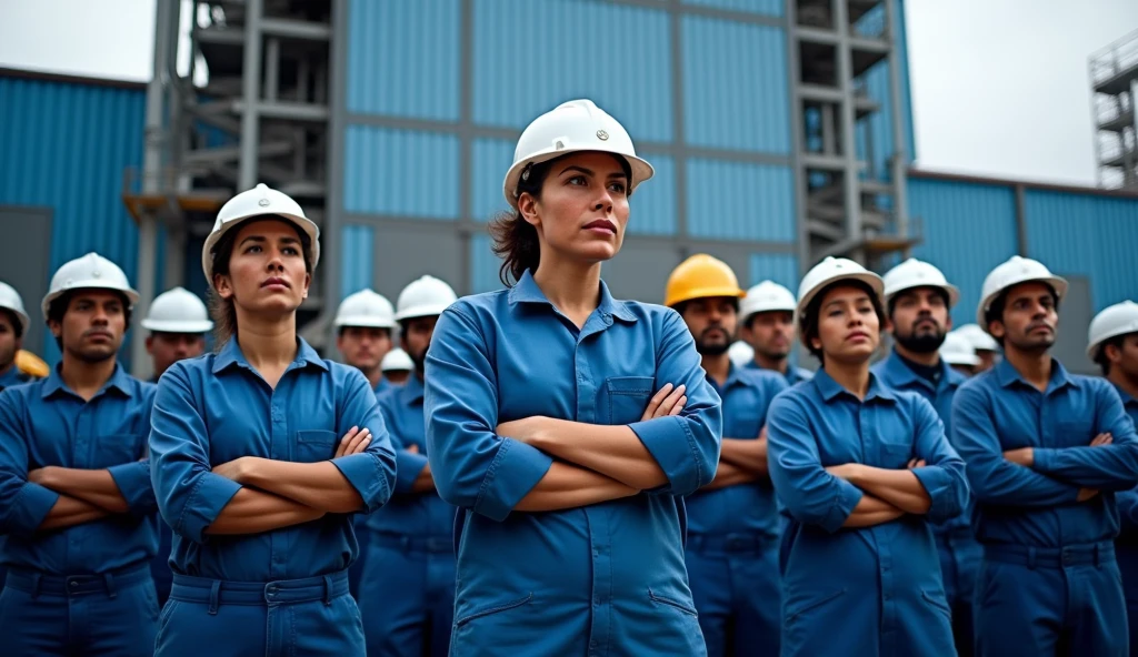 A powerful image of Brazilian metalworkers, both men and women, standing united in front of a modern factory, demanding more rights. They are dressed in blue uniforms and safety helmets, facing the camera with determined expressions. Some have their arms crossed, while others hold banners with the phrase "Campanha Salarial 2024" written in Portuguese. The factory, with its large navy and light blue structure, looms in the background, symbolizing industrial strength. The atmosphere is filled with determination and struggle.
