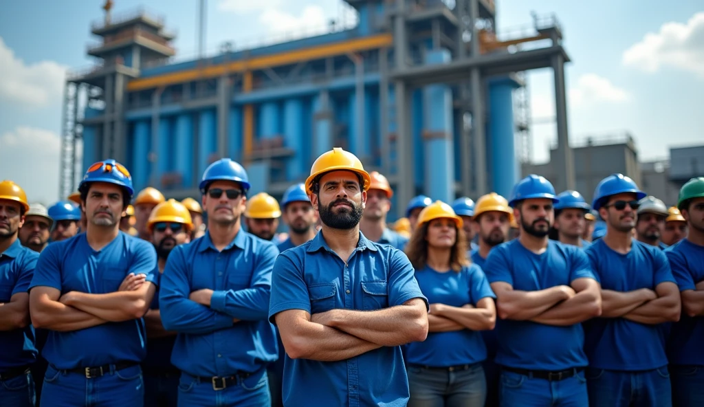 A powerful image of Brazilian metalworkers, both men and women, standing united in front of a modern factory, demanding more rights. They are dressed in blue uniforms and safety helmets, facing the camera with determined expressions. Some have their arms crossed, while others hold banners with the phrase "Campanha Salarial 2024" written in Portuguese. The factory, with its large navy and light blue structure, looms in the background, symbolizing industrial strength. The atmosphere is filled with determination and struggle.