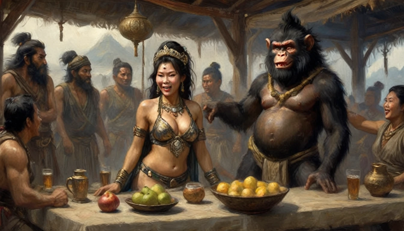 (Black Myth Wukong) A sexy belly dancer (asian woman, large breasts, large butt, sheer dress made of several veils, beetled bra, hourglass figure, laughing face of Black Myth Wukong, dark hairy powerful ape arms) is making a surprised face and shoving a pear in the enemy general, war tent lit with torches, tables of drunken confused warriors. camera is at the evil general
