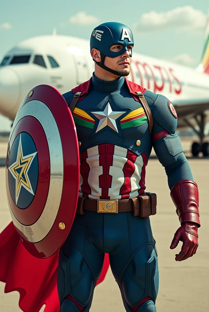 Capitain America wearing Ethiopian flag suit and his sheild also ethiopia flag and at his back ethiopian airlines plane on the ground