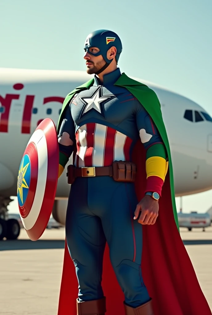 Capitain America wearing Ethiopian flag suit and his sheild also ethiopia flag and at his back ethiopian airlines plane on the ground